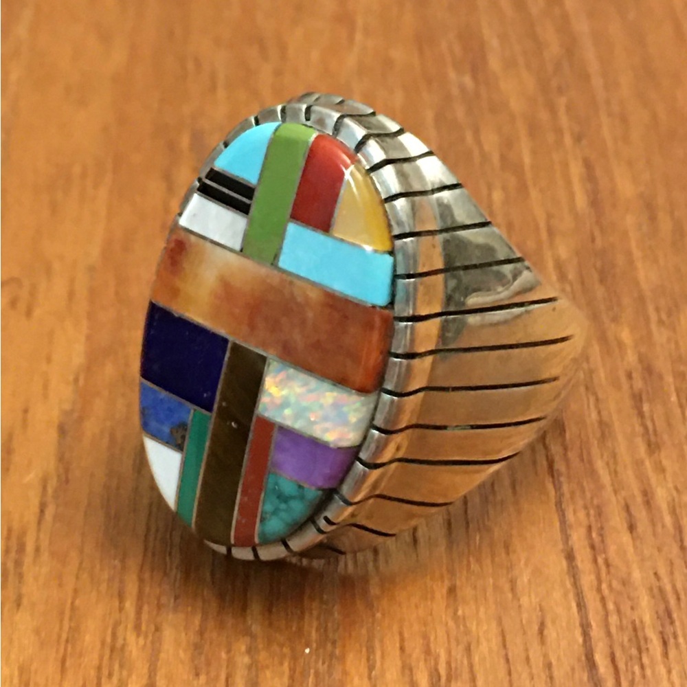 Native Silver Stone Inlay Ring Patchwork Mosaic O… - image 4
